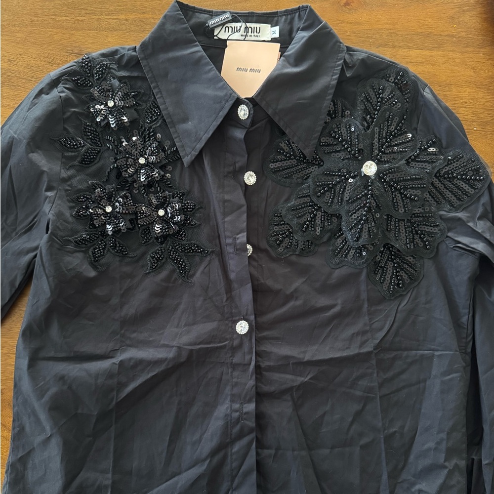 Miu Miu Black Beaded Floral Button-Down Shirt